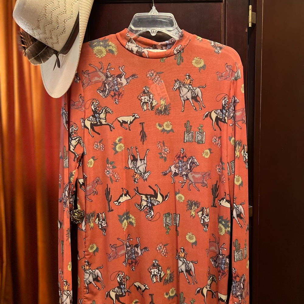 Avery Western Orange Mesh Long Sleeve Shirt with Cowboy Print